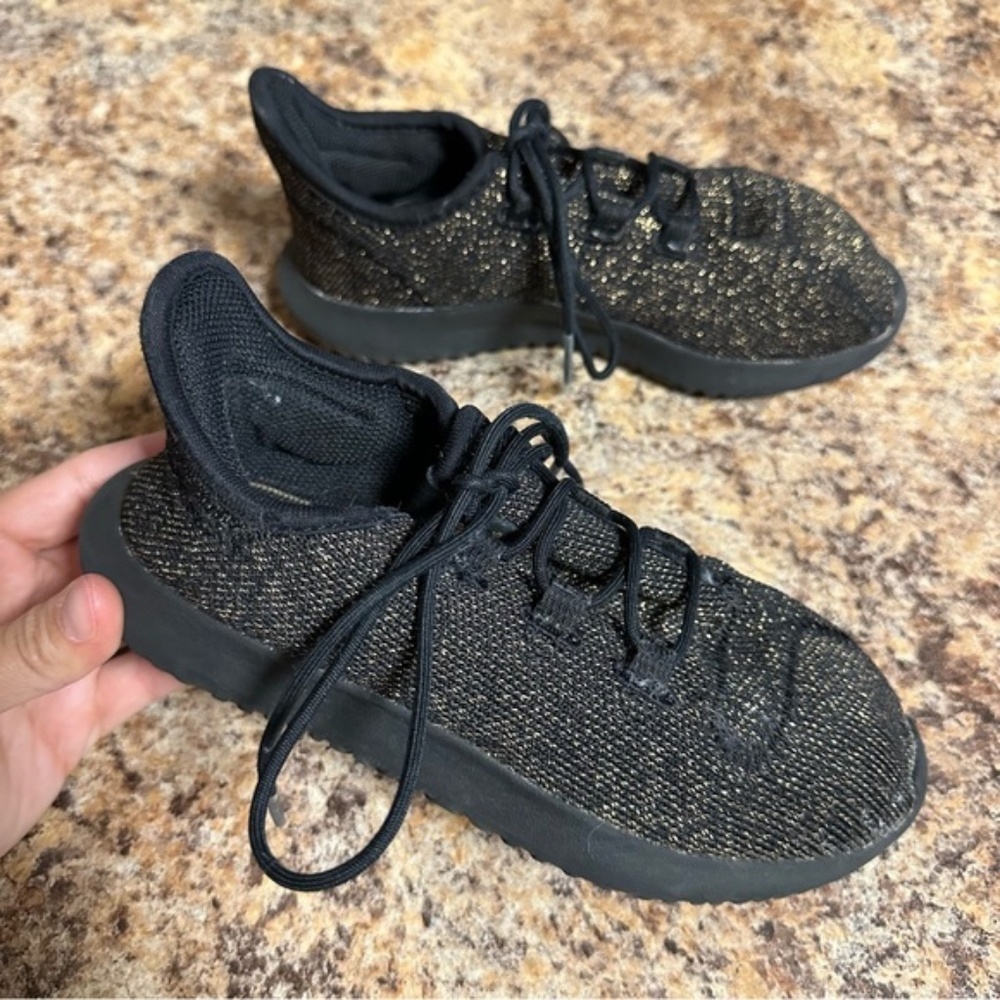 Adidas Black Gold Glitter Tubular Shadow Athletic Running Sneakers Kids Size 1